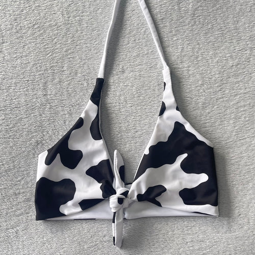 Black Cow Print Tie Front Bikini Top