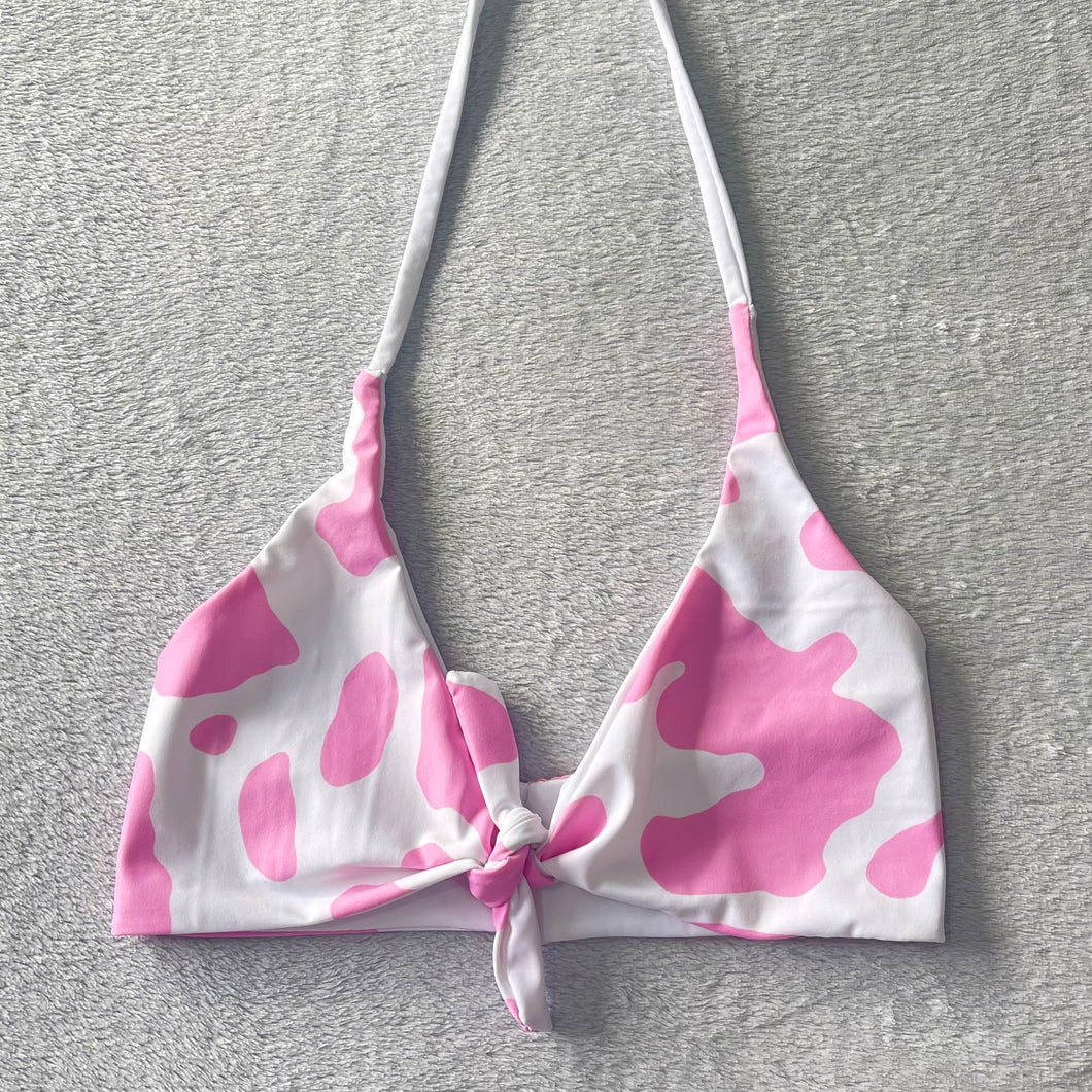 Pink Cow Print Tie Front Bikini Top