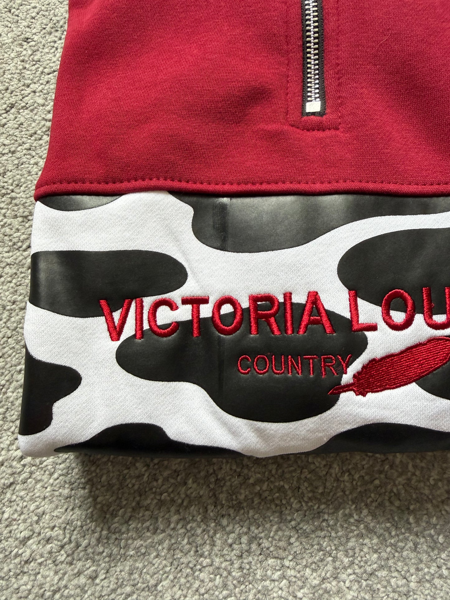 Burgundy Cow Print Peak Quarter Zip WITH DEFECTS