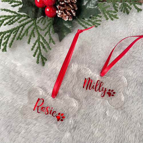 Personalised Pet Bone Christmas Decoration Red Writing