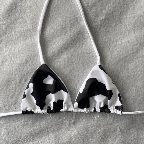 Black Cow Print Bikini Top