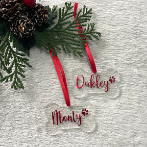 Personalised Pet Bone Christmas Decoration Red Writing